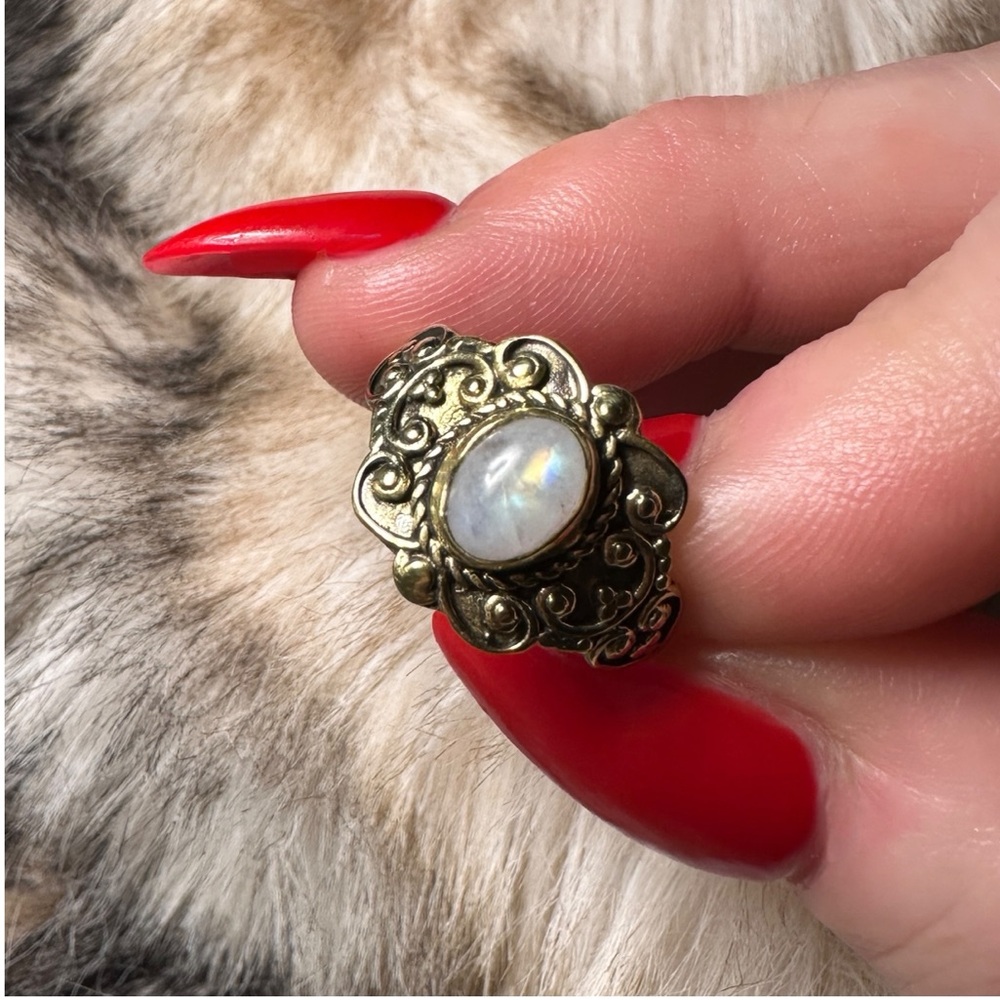 Solid Brass Filigree Moonstone Solitaire Ring - image 4